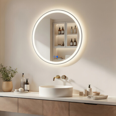 Στρογγυλός καθρέφτης με φωτισμό LED - 60/80 cm σε ασημί αλουμινένιο πλαίσιο #1