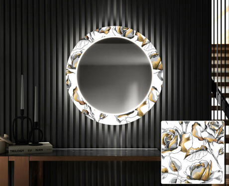 Στρογγυλός Διακοσμητικός Καθρέφτης Με Οπίσθιο Φωτισμό LED Για Το Χολ - Golden Flowers