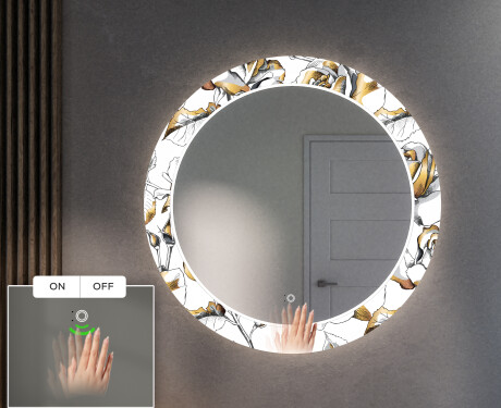 Στρογγυλός Διακοσμητικός Καθρέφτης Με Οπίσθιο Φωτισμό LED Για Το Χολ - Golden Flowers #5