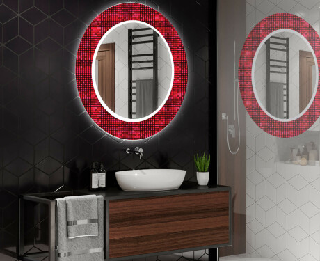 Στρογγυλός Διακοσμητικός Καθρέφτης Με Οπίσθιο Φωτισμό LED Για Το Μπάνιο - Red Mosaic #2